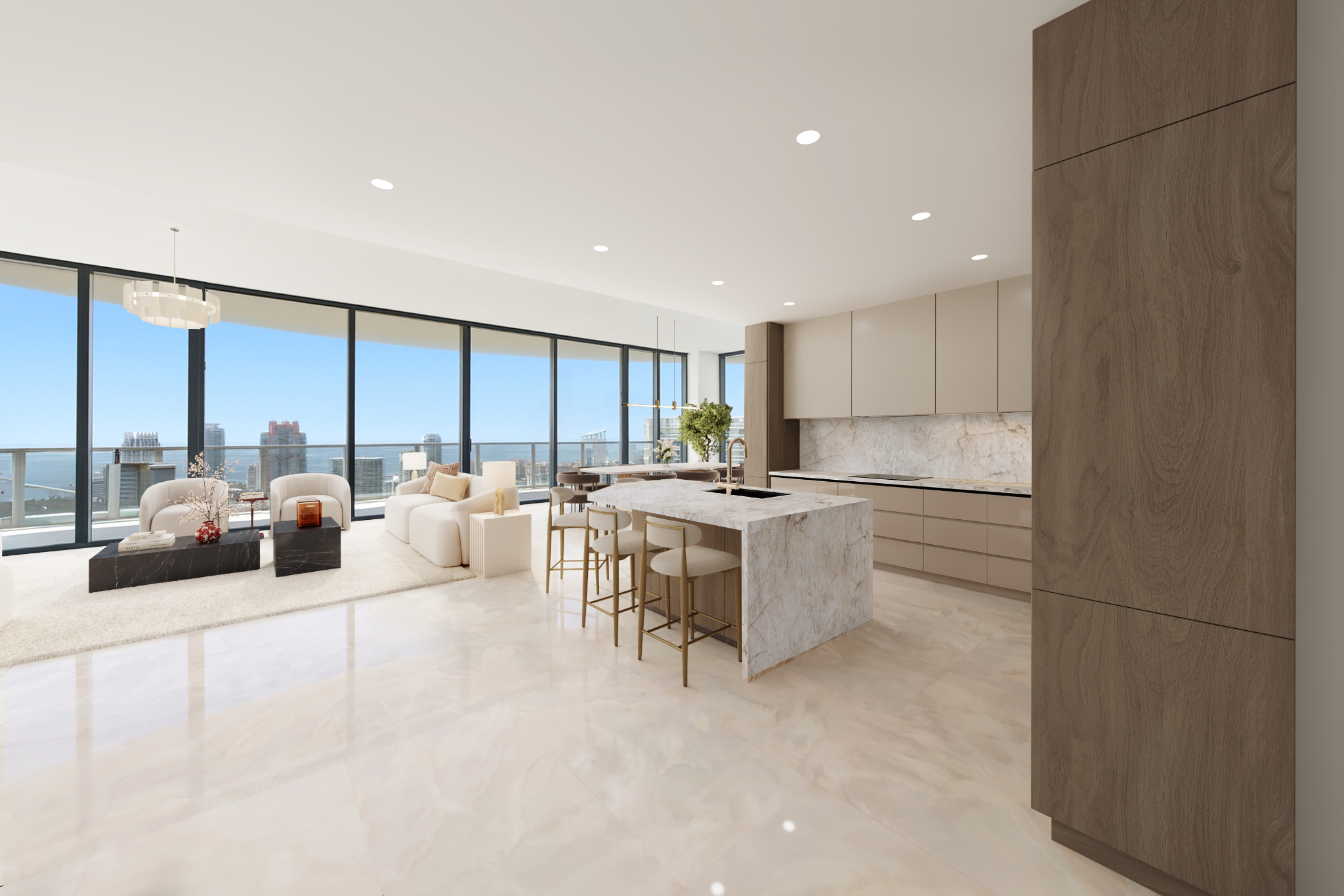 Renovated living area and kitchen with wide water views at Five Park residence 3901